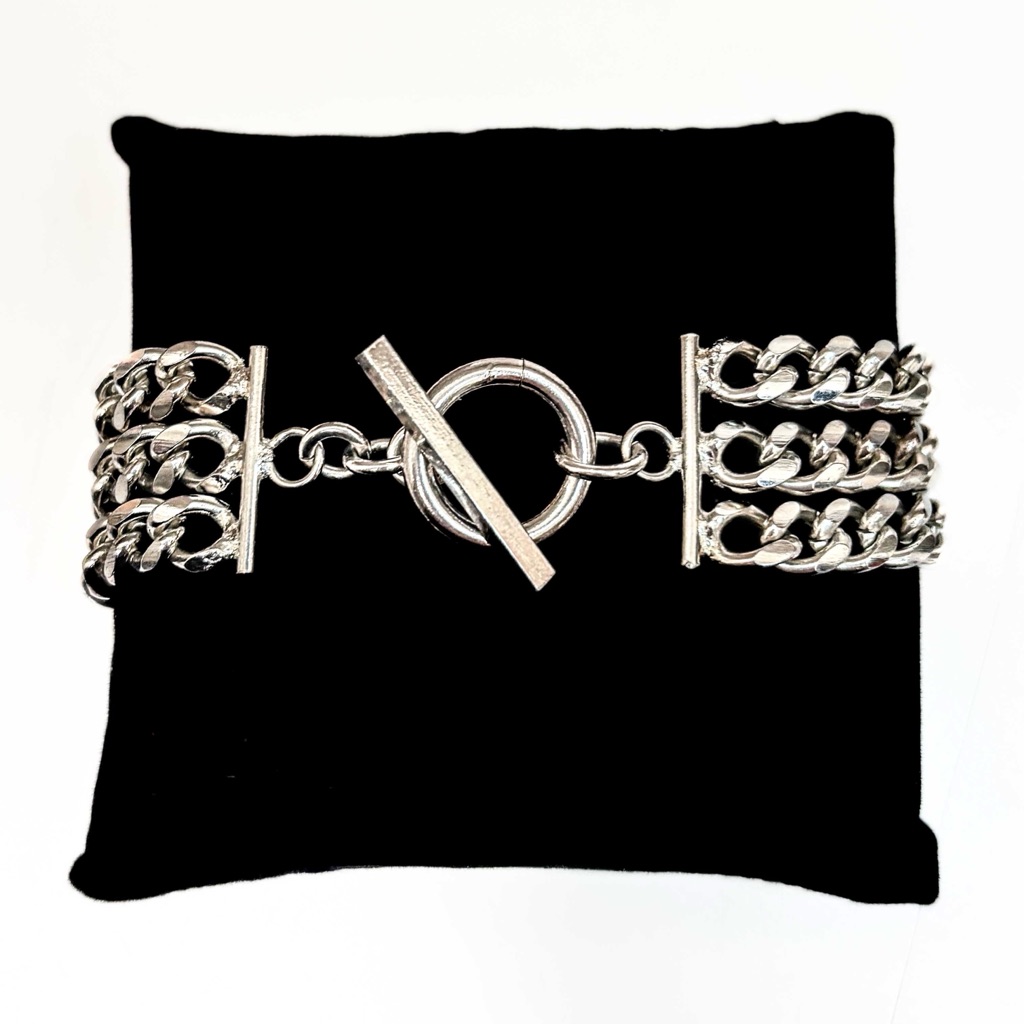 New - Bold Chic & Modern Silver Triple Strand Curb Chain Toggle Clasp Bracelet